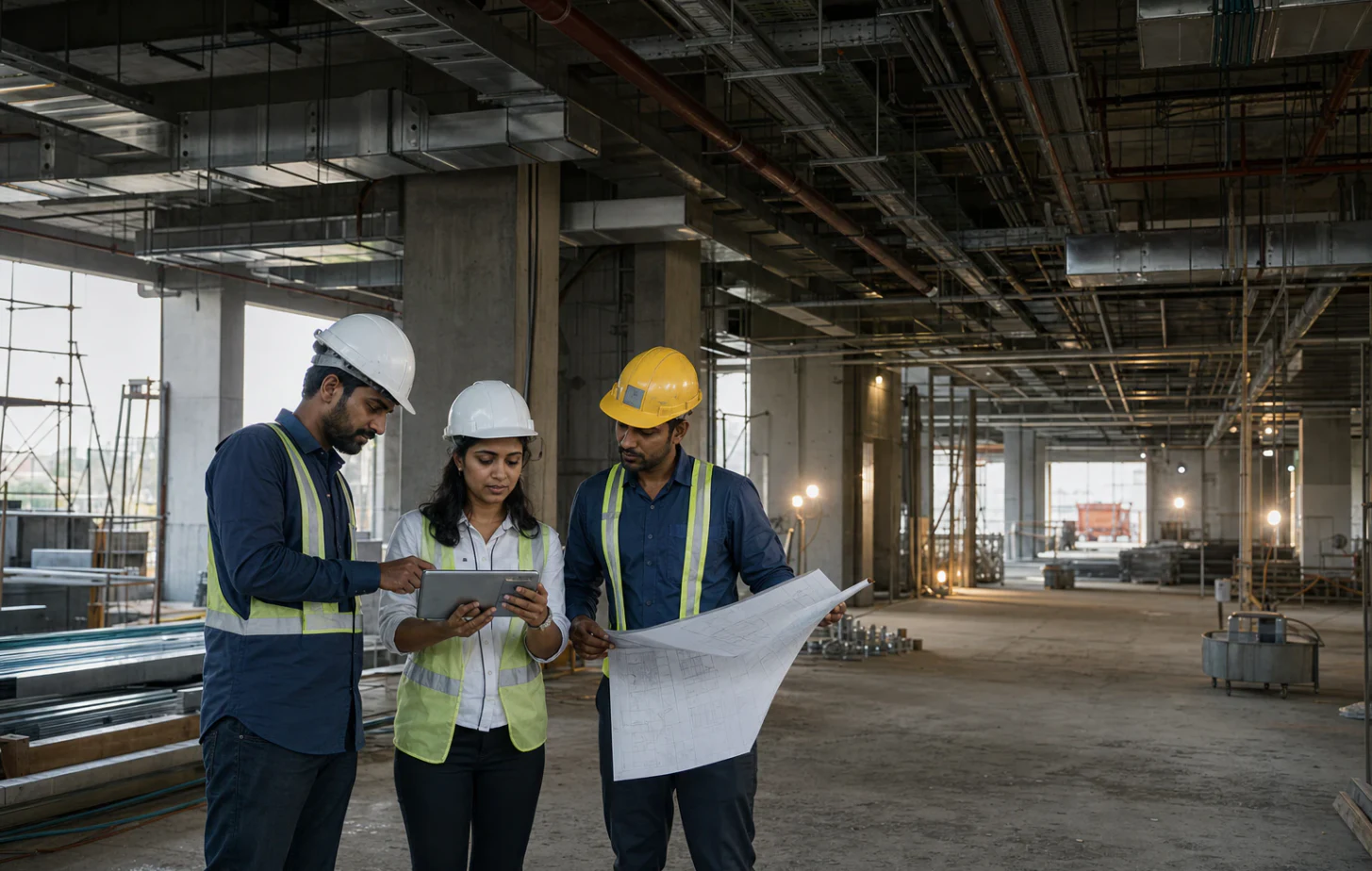 A construction professional reviewing plans on site