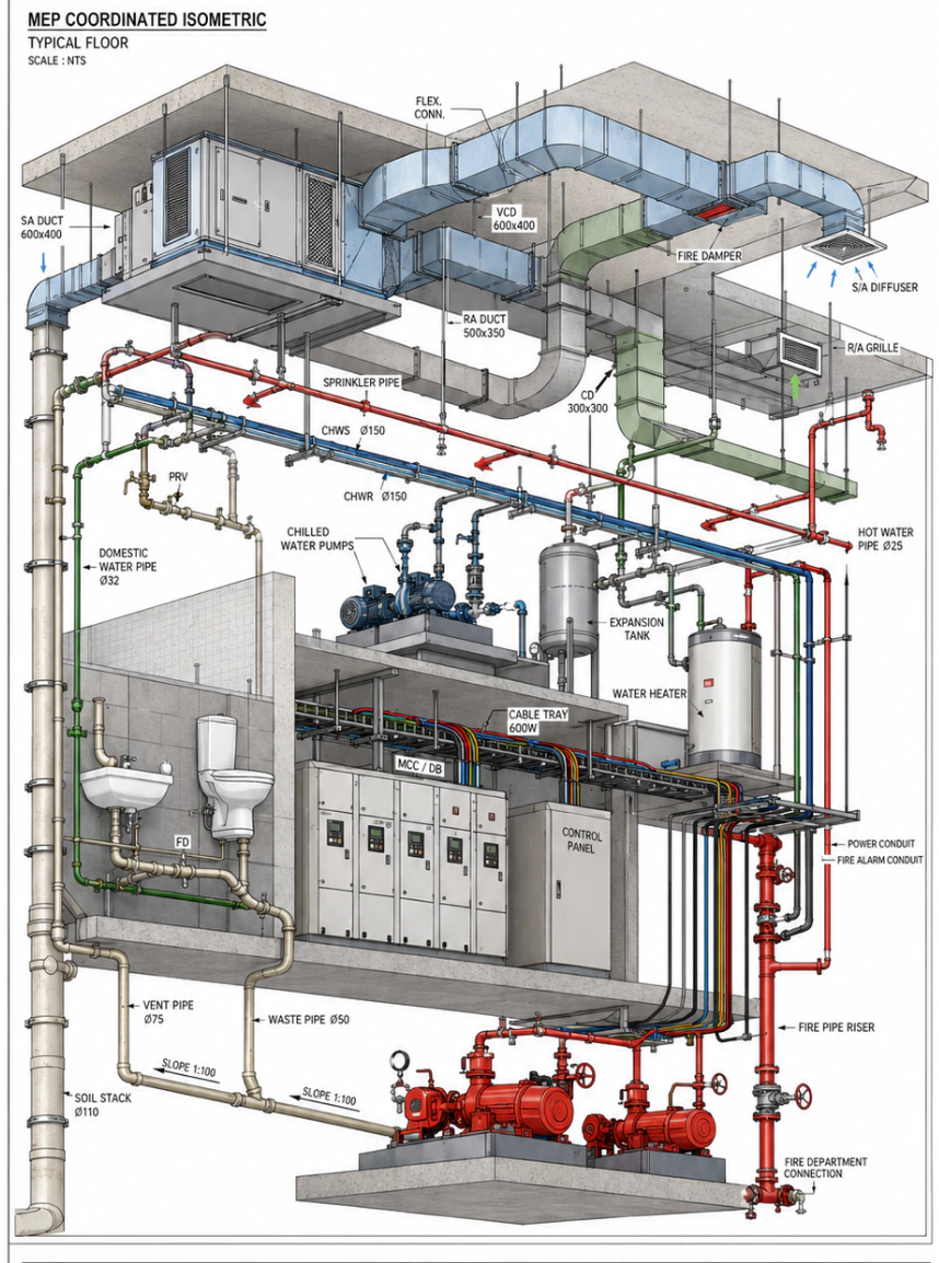 MEP coordinated isometric showing HVAC, plumbing, electrical, and fire-protection systems