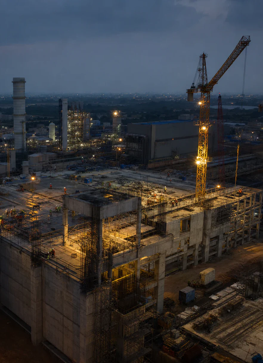 A complex infrastructure project under construction at dusk