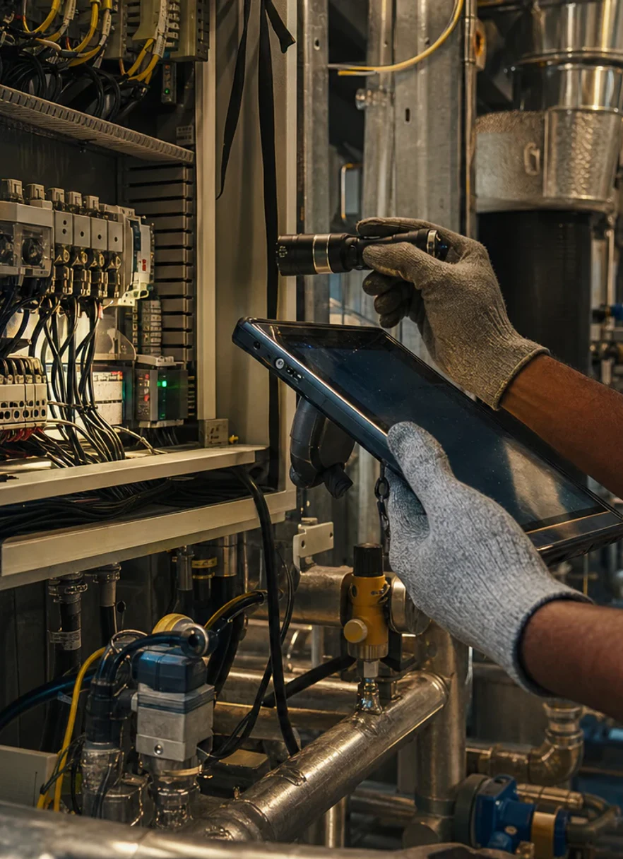 Two Intusent technicians examining wiring inside an open control panel